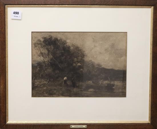 Frank Mura (1861-1913), charcoal drawing, river scene, signed with labels verso, 26 x 37cm